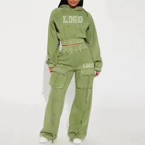 Manufacturer Custom Logo Street <b>Drop</b> Shoulder Pullover Hoodie Double Pocket Loose Jogger 100% Cotton <b>Acid</b> Wash Women Tracksuit - Product Image 1