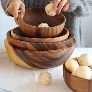 Großhandel Massivholz maserung Logo benutzer definierte ganze Stück Akazie Holz Lebensmittel Obstschalen Runde Salats ch üsseln Set