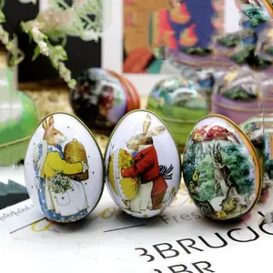 Easter Decoration Easter Metal Egg Colored Rabbit Painted 3 Sizes Iron Egg Shaped Candy Gifts Cookie Box For Easter Party Favors