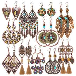 Vintage Boho Ethnic <b>Earrings</b> Set Copper Alloy Turquoise Drop Dangle Women's Party Jewelry Geometric Tassel Feather Flower Design - Product Image 1