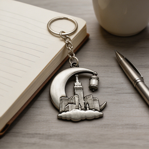 Porte-clés personnalisé en métal argenté antique, motif croissant de lune, skyline urbain et mosquée, thème Ramadan, cadeau commémoratif religieux pour musulman, breloque de sac - Product Image 1