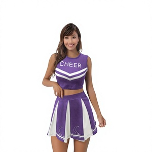 Conjunto de uniforme de porristas morado de alta calidad para mujer, conjunto de dos piezas para adulta con top corto y falda con estampado CHEER y logotipo frontal. - Product Image 2