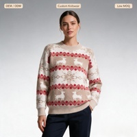 Pull pour femme à imprimé de Noël, style vintage, décontracté, col rond, 100% polyester, chaud, anti-boulochage, cadeau saisonnier, tricot