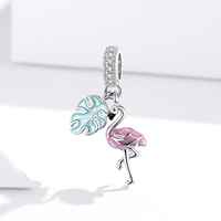 Breloque flamant rose plaquée argent avec pendentif feuille turquoise et incrustation de strass en cristal, bijou animal mignon pour femme, cadeau