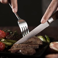 Ensemble de 6 couteaux à steak, acier inoxydable à haute teneur en carbone ultra-affûté, lames dentelées et manche en bois