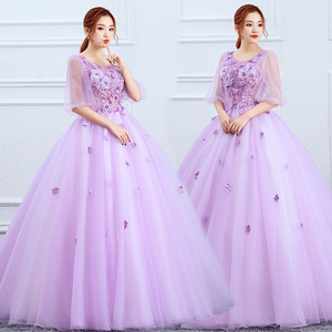 Purple Tulle Ball Gown Scoop Neck Empire Waist Long Skirt Floral Print Sheer Layer Evening Dress - Product Image 1