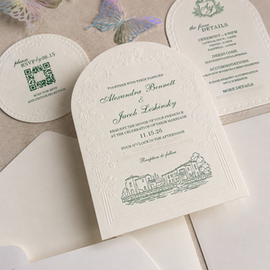 Suite d'invitations de mariage de luxe vintage écologiques en papier coton 600 g/m² avec gaufrage à sec, forme arquée, découpe laser papillon élégante - Product Image 2