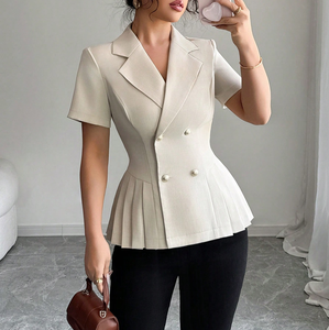 Manteau de costume <span class=keywords><strong>d</strong></span>écontracté ajusté pour femme, beige, à revers crantés, double boutonnage, manches courtes, style péplum, idéal pour le bureau - Product Image 3