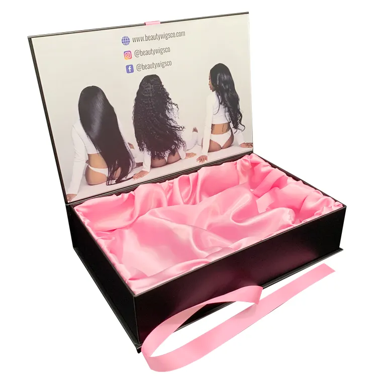 Cajas de embalaje de extensiones de cabello negro con logotipo personalizado, caja de regalo de cabello virgen humano, caja de ropa de satén con cinta, venta al por mayor