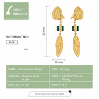 Boucles d'oreilles pendantes en forme de visage abstrait, acier inoxydable plaqué or 14 carats sous vide, bijoux sculpturaux en acrylique vert