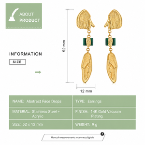 Boucles d'oreilles pendantes en forme de visage abstrait, acier inoxydable plaqué or 14 carats sous vide, bijoux sculpturaux en acrylique vert - Product Image 3