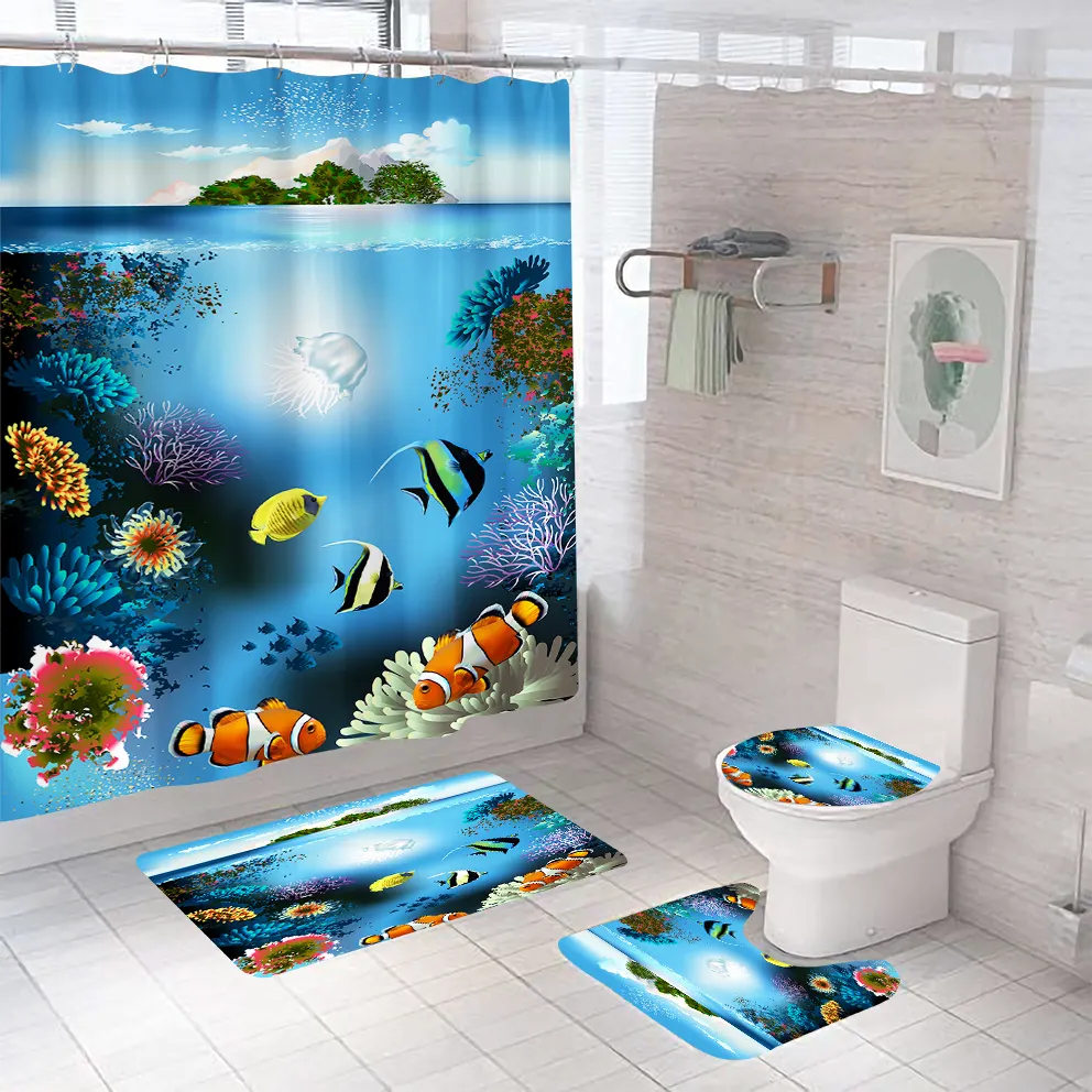 바다 경관과 상어 인쇄 3D 럭셔리 샤워 보헤미안 커튼 매트 욕실 세트 크기 맞춤형 도매 샤워 커튼