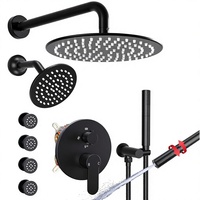 Système de douche double tête Honajo, 4 jets latéraux, pluie 4 voies, combo main et pluie 10"/6", mural, laiton noir mat, acier inoxydable