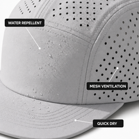 Casquette en maille à séchage rapide, hydrofuge, respirante, à cinq panneaux, visière plate, ajustable 56-62cm, logo personnalisé, vente en gros, OEM, faible MOQ