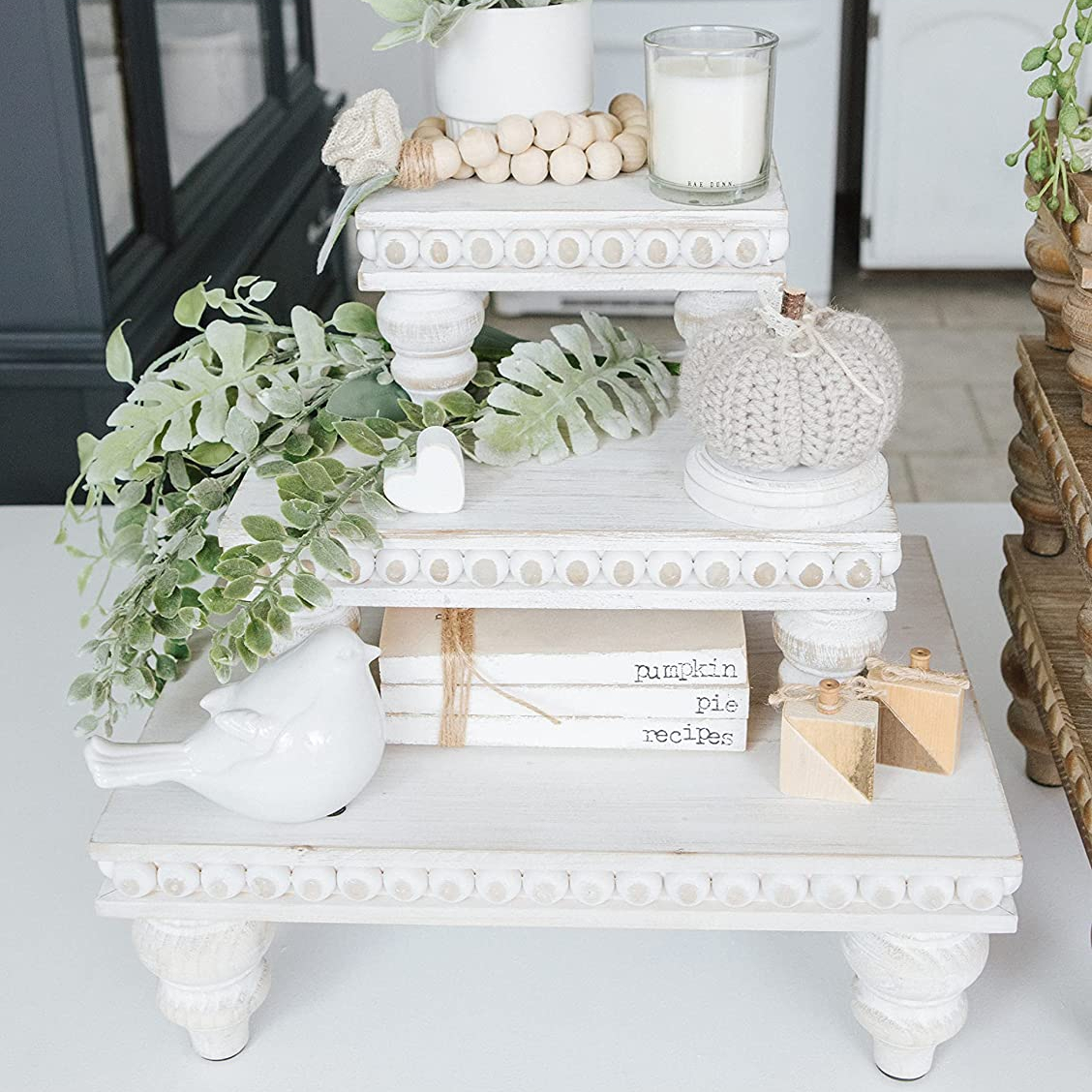 Потрепанные шикарные винтажные вышитые бисером подставки под дерево фермерский многоярусный поднос