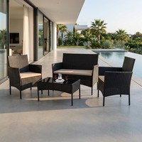 Ensemble de conversation de patio moderne en rotin tressé et fer, style américain, 4 pièces, avec banc rembourré imperméable, personnalisable pour l'extérieur