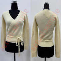 Cardigan en maille côtelée douce pour femme, style ballet, à encolure en V, à nouer à la taille, coupe ajustée, manches longues, vente en gros