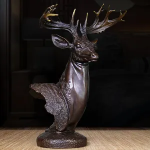 Antique Bronze Deer Head Tượng Kim Loại Bust Bức Tượng Điêu Khắc Trang Trí Nội Thất