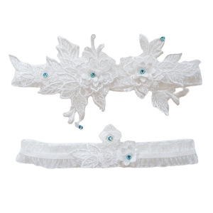 Ensemble de 2 jarretières de mariage personnalisées en <span class=keywords><strong>dentelle</strong></span>, jarretière extensible florale <span class=keywords><strong>pour</strong></span> la mariée, bleu et blanc - Product Image 6
