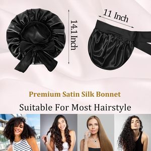 Bonnet en satin, bonnet en soie pour dormir, bonnet ajustable pour femmes aux cheveux bouclés avec bande à nouer - Product Image 2