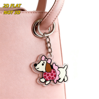 Porte-clés en acrylique chien mignon, breloque chiot rose de dessin animé avec robe à pois, résistant aux rayures, anneau fendu inclus