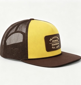 Custom Yellow Dark Brown Two Tone 6 Panel Trucker Cap Debossed Leather Patch Logo <b>Flat</b> Brim Plastic Snapback Trucker <b>Hat</b> - Product Image 2