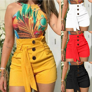 Hot Sales 4 Colors Women's High Waist <strong>Shorts</strong> Slim Fit Button Fashion Casual Style <strong>Belted</strong> <strong>Shorts</strong> Ladies Solid Streetwear - Product Image 1