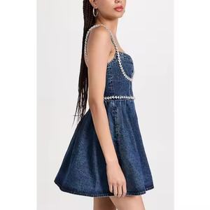 Nouvelle Robe en Jean pour Femme, Collection Automne, Vente en Gros, Bretelles Fines Sexy, Robe Modeste en Denim Ornée de Strass - Product Image 4