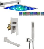 Système de pulvérisateur de douche LED en nickel brossé de 10 pouces bec de baignoire pliable LED multicolore 3 fonctions jet de pluie complet au plafond