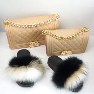 Fashion New Design Handbags Fluffy Fur Slippers Slides Women Real Fox Raccoon Fur Slides Matching Purses