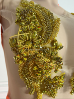 Ocstrade Chaîne Gland Moulante Robe de Soirée pour Femmes Or Strass Corsage Applique Longue Formelle Robes De Bal Femmes Dame Élégante