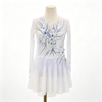 Robe de patinage et de danse blanche et bleue, col rond, manches longues en maille, dos découpé avec strass, pour enfants et adultes, compétition et performance