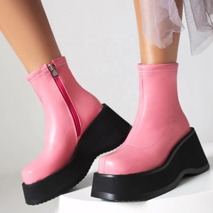 Bottines à talons compensés pour femmes, couleurs bonbons, plateforme à semelle épaisse, bottines courtes confortables avec fermeture éclair latérale - Product Image 2