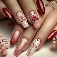 Kuku Palsu Hari Valentine dengan Desain Hati Mawar Romantis, 24Pcs Kuku Palsu Mewah Buatan Tangan Tipis Panjang & Perlengkapan Alat Gratis