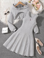 Ensemble Filles Adolescentes Automne Hiver 2025 Haut Irrégulier Uni à Capuche Manches Longues et Robe Tricotée Sans Manches 2 Pièces Vêtements Enfants en Gros