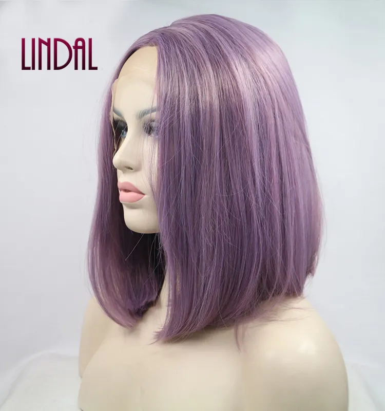 LINDALHAIR Straight Synthetic Lace Front Bob Purple Middle Part 14 Inch Short Bob Heat Resistant Fiber Hair Wig for Women Girls