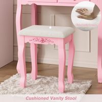Ensemble coiffeuse et tabouret rose en bois de pin sur pied pour chambre de filles, avec miroir amovible et tiroirs