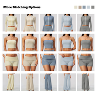 Nouvel Arrivage Ensemble de Yoga Rayé Côtelé pour Femme, Haut Bandeau à Col Montant Zippé et Short, Doux, Respirant, pour Fitness, Entraînement et Tenue Décontractée