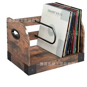 Caja de almacenamiento de discos de vinilo de madera, estante de escritorio de madera maciza para CD y revistas con asa de metal para uso en el hogar y la oficina - Product Image 1
