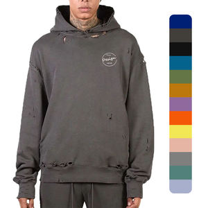 Patchs de broderie personnalisés automne coton lâche décontracté sport de rue pull hommes goutte épaule sans poche sweat à capuche dommages - Product Image 1