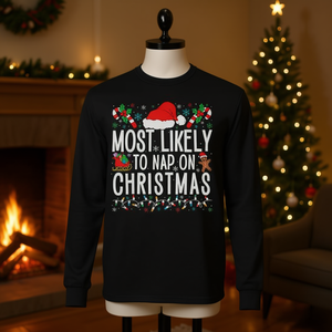 Maglietta a maniche lunghe con stampa 'Most Likely To Nap On Christmas', camicia coordinata per la famiglia, regali di Natale - Product Image 4
