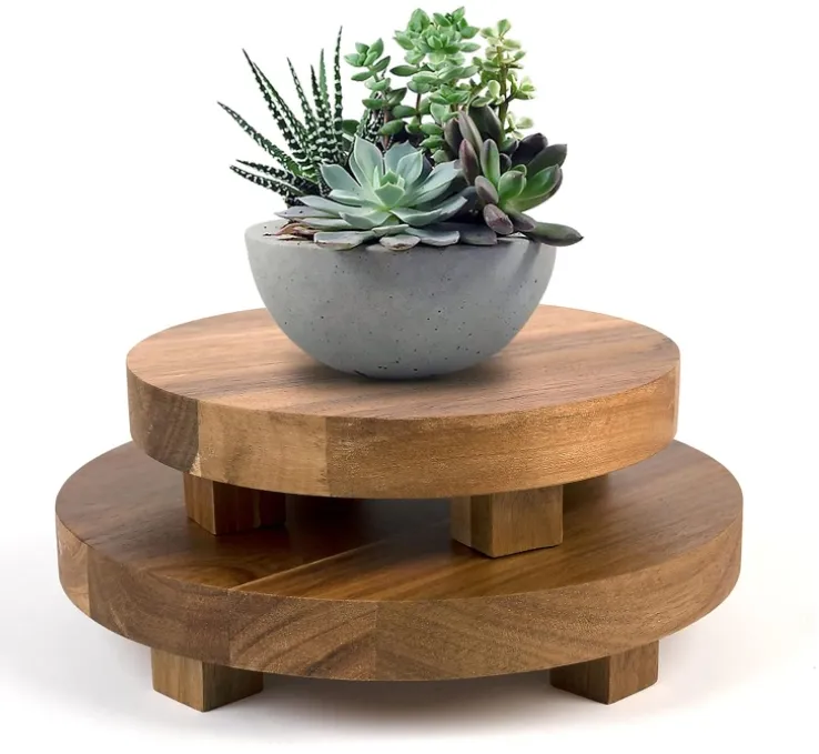 Suporte de madeira Riser 2 peças, pedestal de madeira redondo de 7-9 polegadas, decoração para casa de fazenda, suporte de madeira de acácia natural de cozinha para exibição