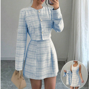Completo da donna in <span class=keywords><strong>tweed</strong></span> personalizzato, due pezzi, giacca corta a maniche lunghe e mini abito senza maniche, elegante set per ufficio o feste. - Product Image 4