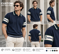 Polo en tricot rétro pour homme, bleu marine, manches courtes, avec rayures contrastées