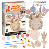 Kit Vas Bunga Kayu DIY Pola Kelinci Lucu dengan Potongan Kupu-kupu, Kuas, Stiker Mutiara dan Berlian Imitasi untuk Anak-anak
