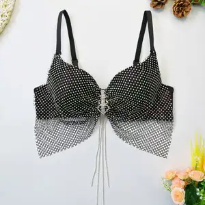 Deep Love Sexy Lingerie Fishnet Diamond Stage Bra Fantasy Butterfly Corset Love Rhinestone Pendant Tassel Strap