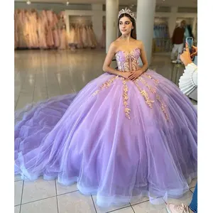 Mumuleo Robe de Quinceanera Princesse Purple Sweetheart Gold Appliques Ball Gown with Tulle Plus Size Sweet 16 Debutante