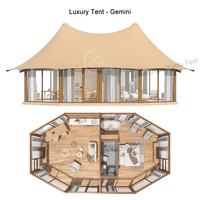 Tente de glamping de luxe résistante aux intempéries, type maison, avec structure en acier et membrane PVDF, pour retraite de vacances