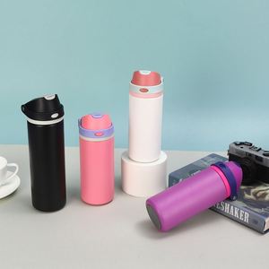 Termo cilíndrico portátil de acero inoxidable 304 de color sólido, nuevo, a prueba de fugas, con doble tapa para bebidas, para exteriores. - Product Image 2