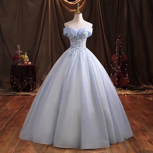 Off The Shoulder Tulle Ball Gown Light Blue Floral Print Empire Waist Evening Dress For Spring Summer Events - Product Image 3